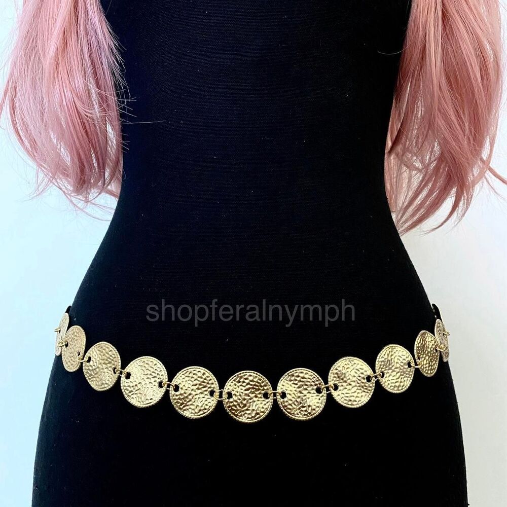 Gold Y2K Hammered Coin Disc Waist Chain Belt, Fits 17 to 39 Inches, X7GA1365
